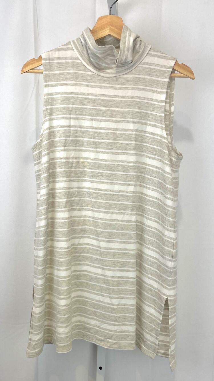 GARNET HILL Mock Neck Tunic Top 47166 Striped Sleeveless Beige White Size M